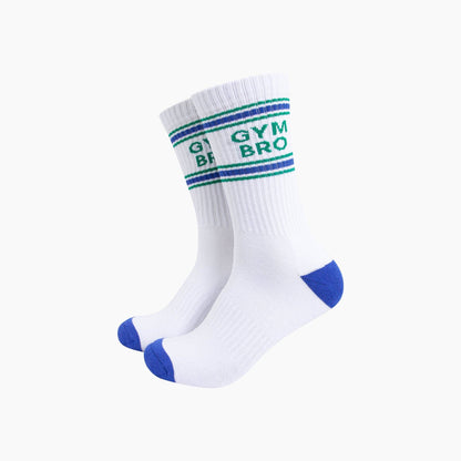 White socks with green and blue accents and 'Gym Bro' text on a white background