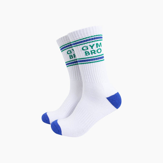 White socks with green and blue accents and 'Gym Bro' text on a white background
