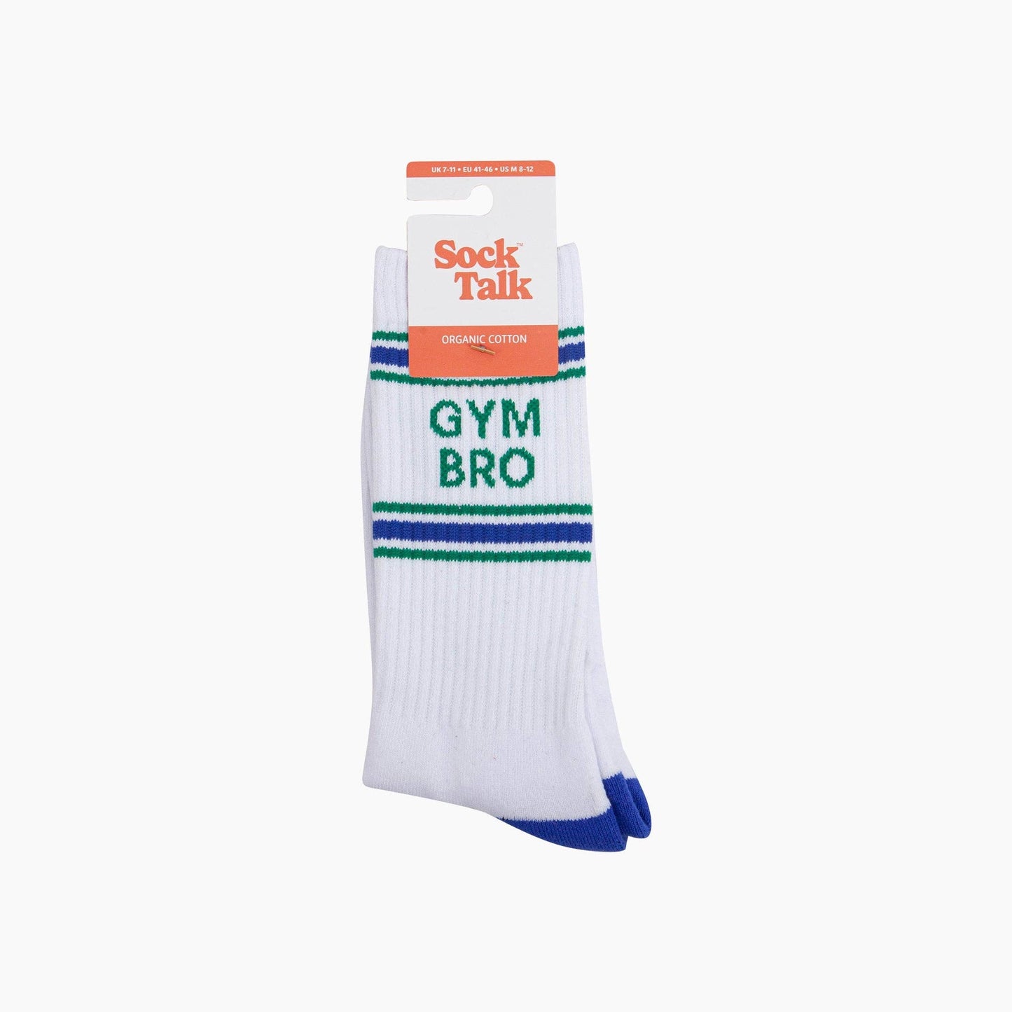 White sock with 'Gym Bro' text and blue accents, displayed on a white background.