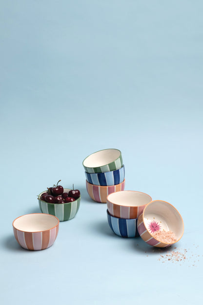 A Dopo Ceramic Dipping Bowl Set of 2 | Sun & Peacock Design, Striped Stoneware Bowls