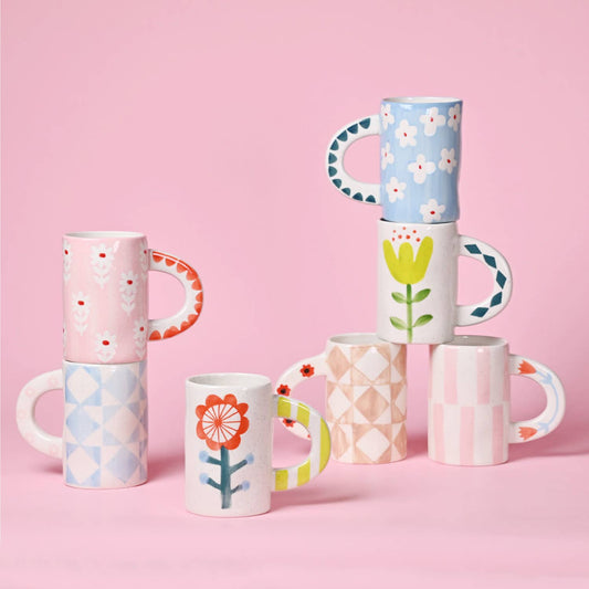 Hand-Painted Floral Mug Pink Stripe | Handmade Ceramic Coffee Mug