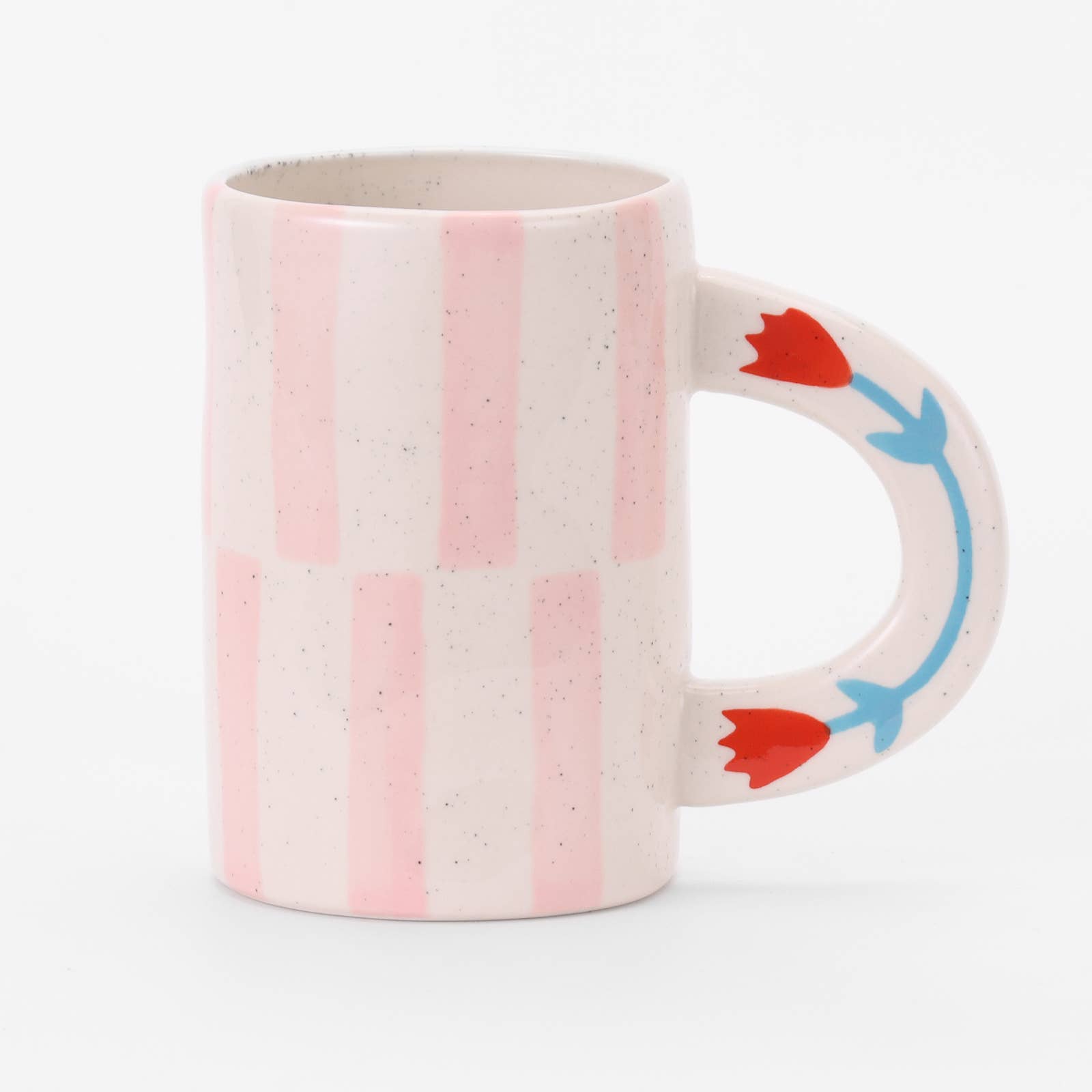 Mug with pink stripes and floral handle on a white background