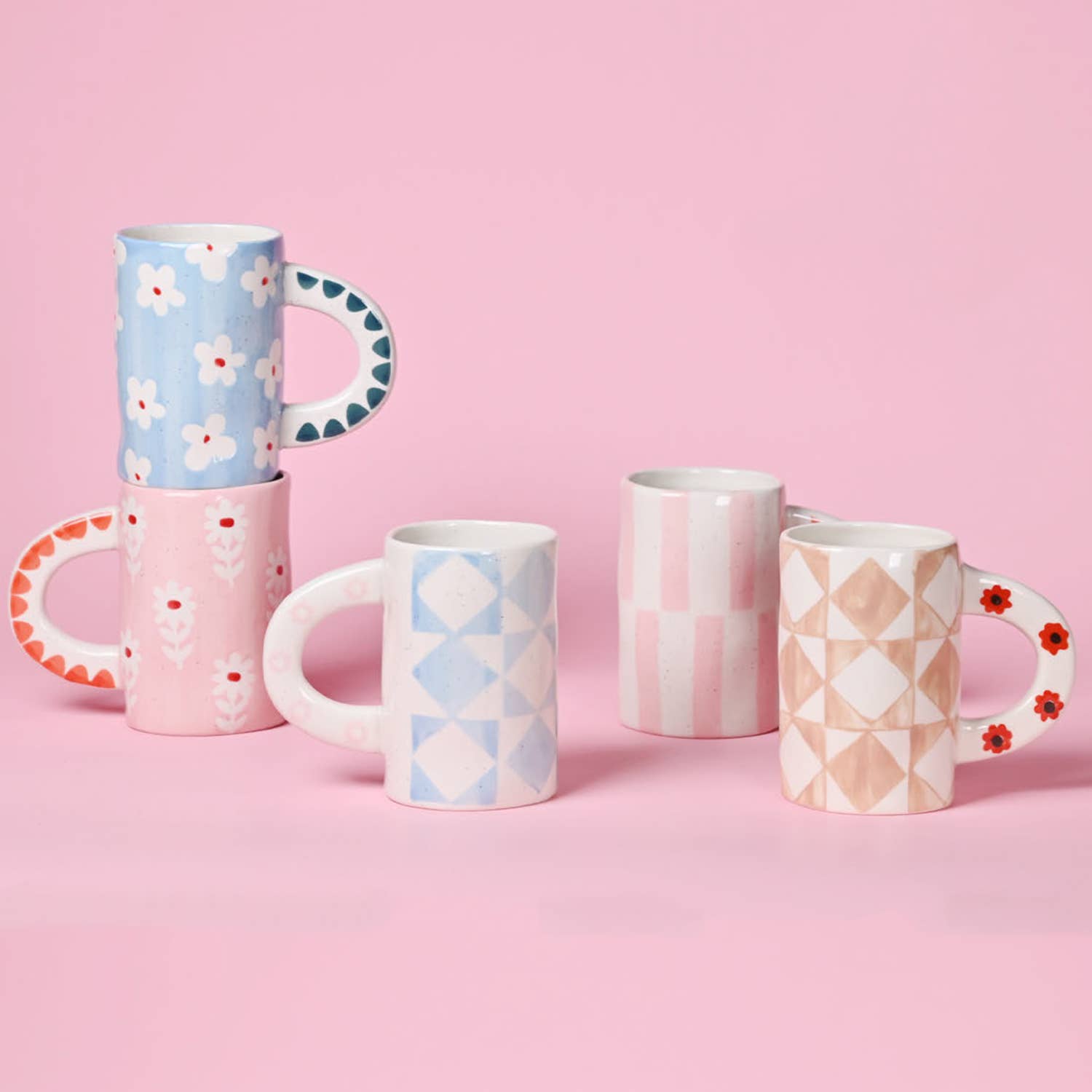 Hand-Painted Floral Mug Pink Stripe | Handmade Ceramic Coffee Mug