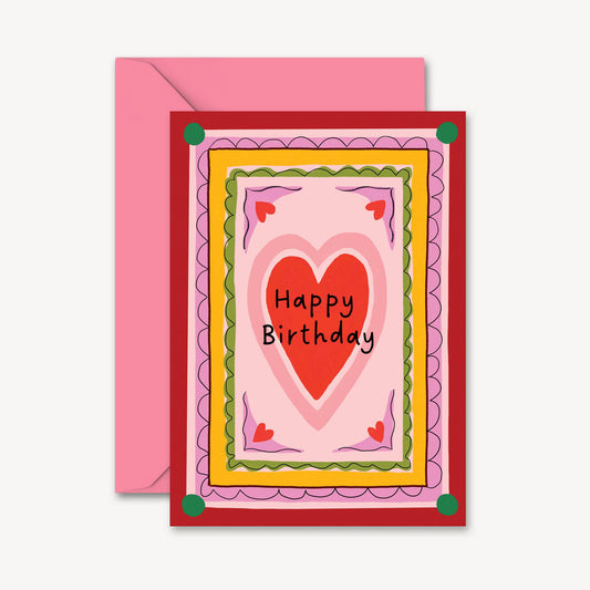 Colorful birthday card with a heart and 'Happy Birthday' text, featuring a pink envelope on a white background.