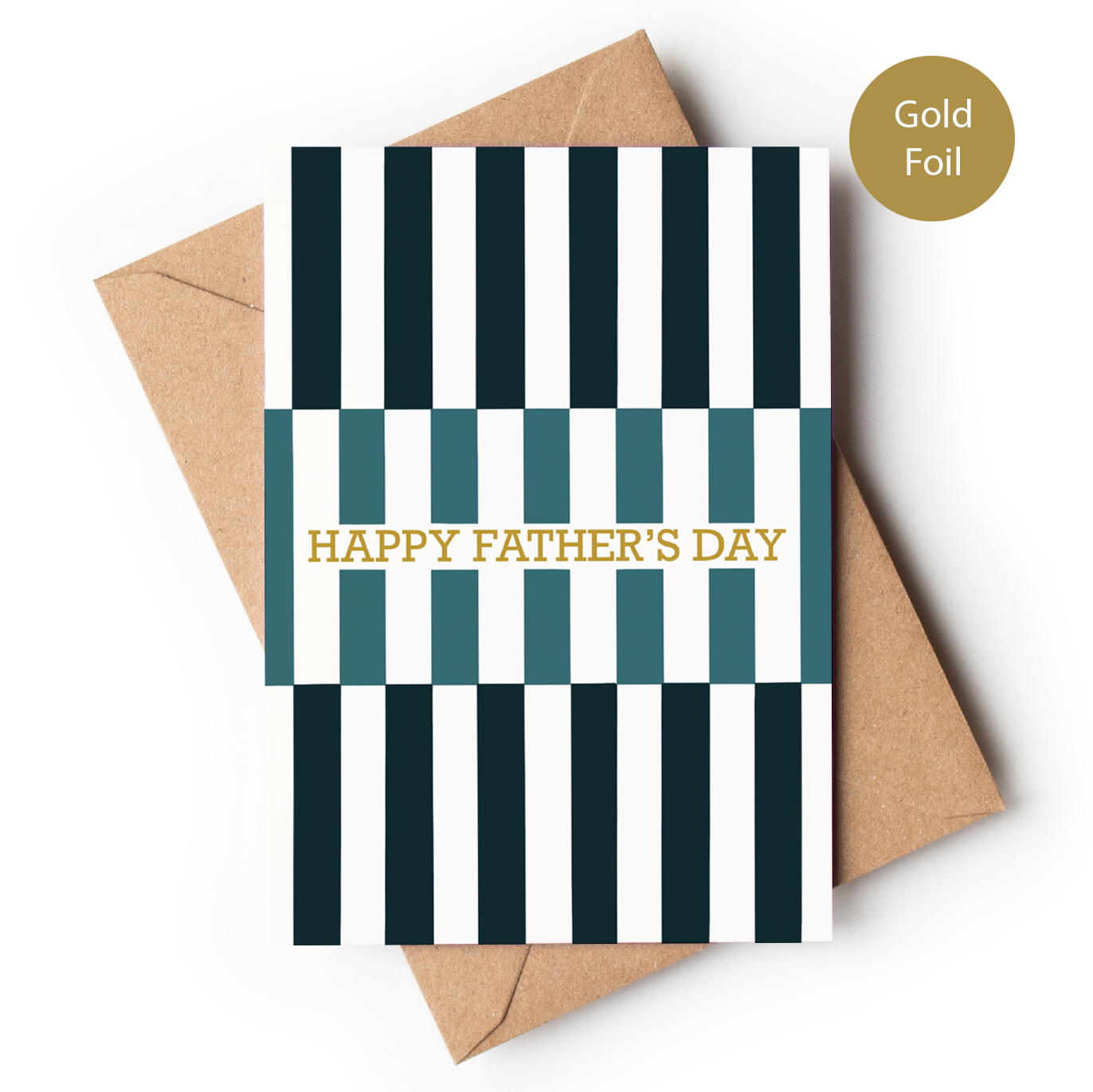Father's Day card with black and white striped design and gold text, accompanied by a brown envelope.