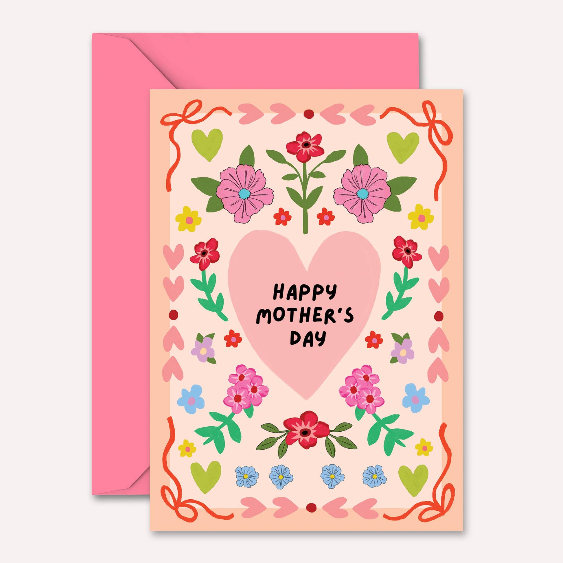 Greeting card with floral design and 'Happy Mother's Day' text, featuring a pink envelope.