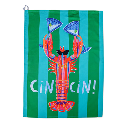 Cin Cin Lobster Tea Towel | Illustrated Kitchen Tea Towel, Coastal Home Gift