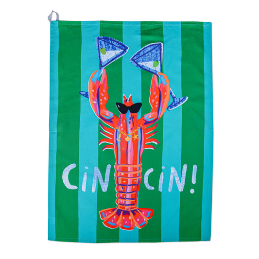 Cin Cin Lobster Tea Towel | Illustrated Kitchen Tea Towel, Coastal Home Gift