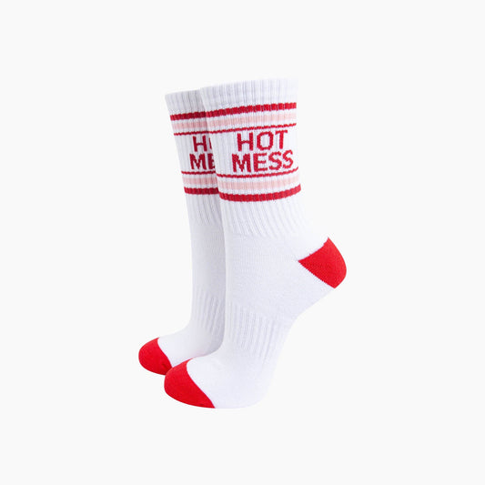 White socks with red text and accents on a white background