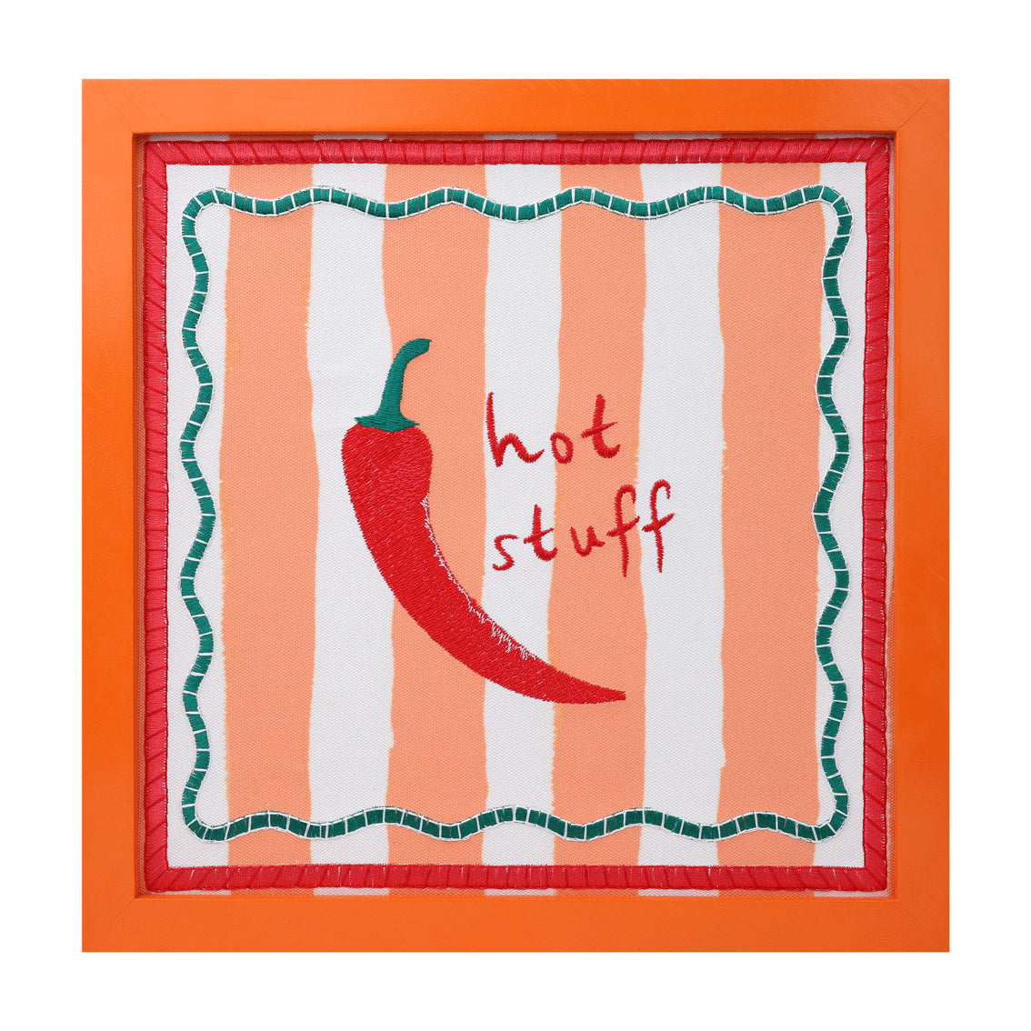 Framed artwork with a red chili pepper and 'hot stuff' text on a striped background.