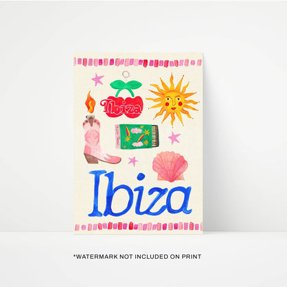 Colorful illustration of Ibiza-themed elements on a white background