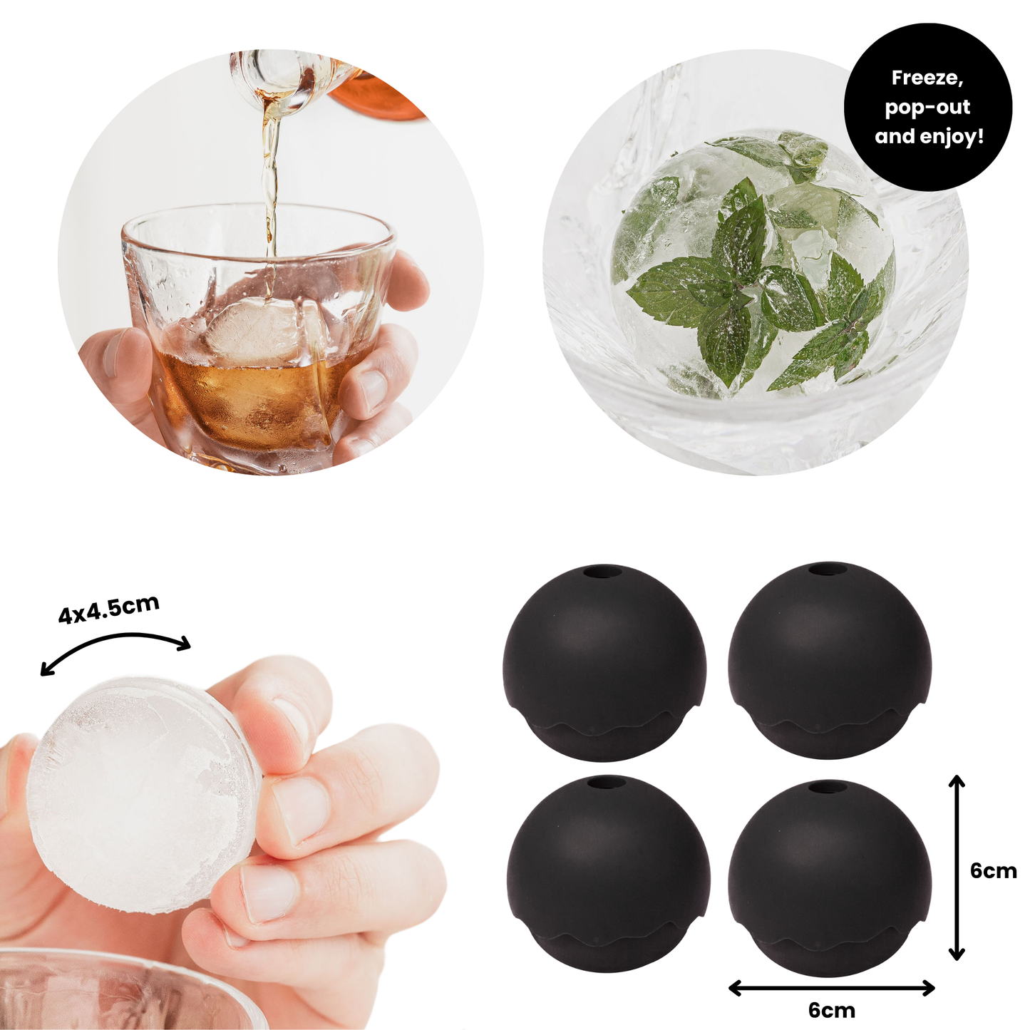 Silicone ice ball mold with usage examples and dimensions on a white background