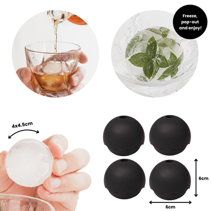 Silicone ice ball mold with usage examples and dimensions on a white background