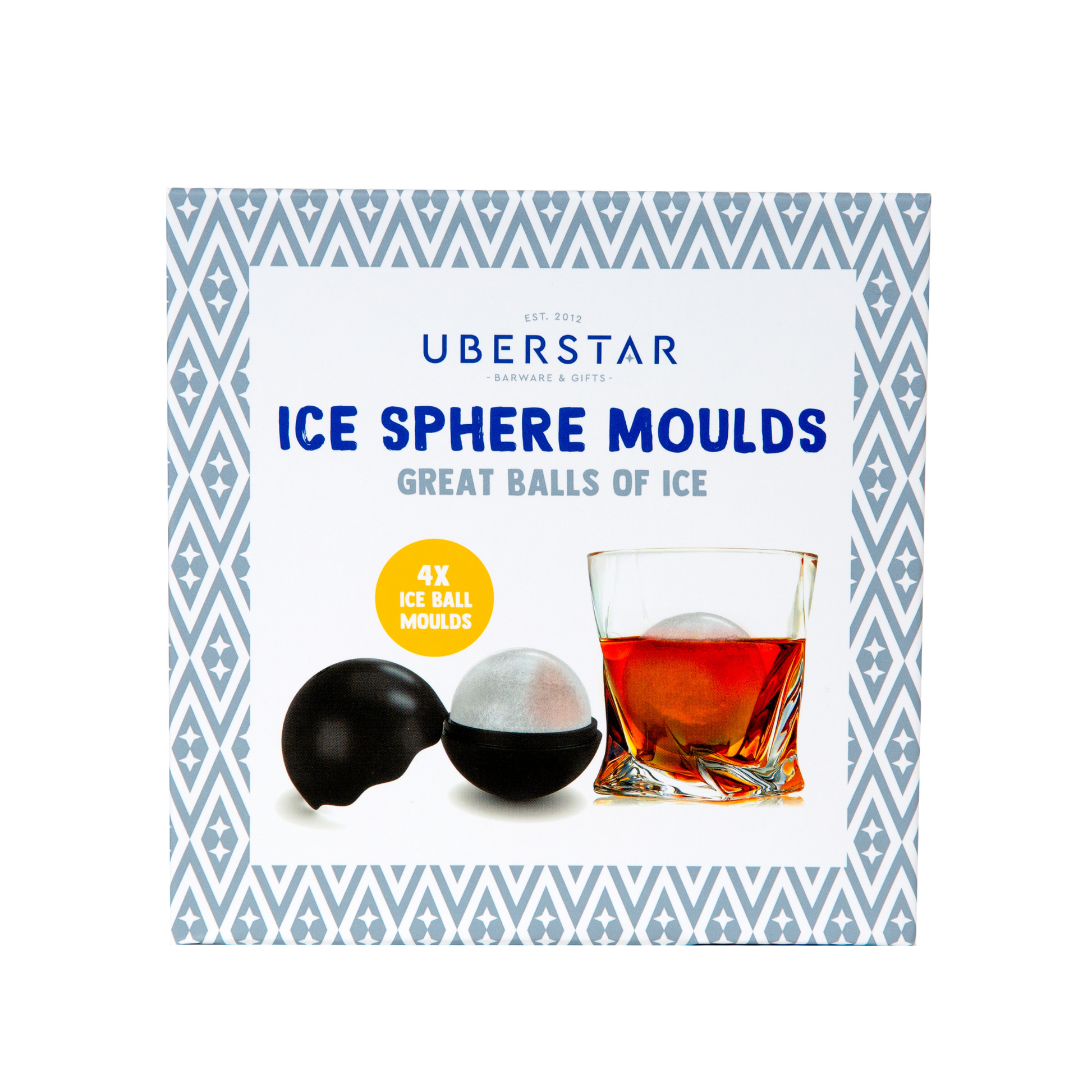 Packaging of Uberstar ice sphere moulds with two black ice spheres and a glass of red wine.