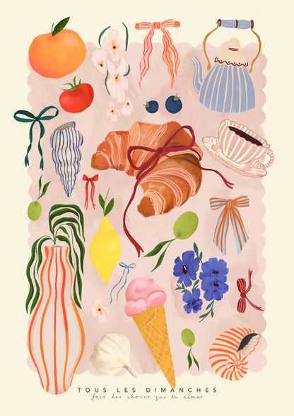 Illustrated collage of various objects including a teapot, flowers, a croissant, and an ice cream cone on a light pink background.
