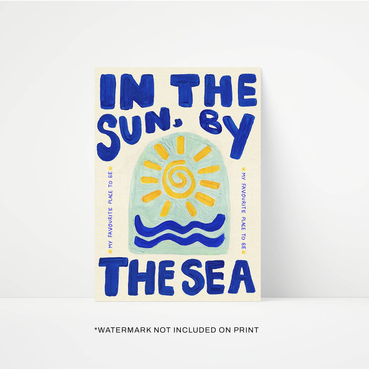Poster with 'In the Sun, By the Sea' text and sun design on a white background
