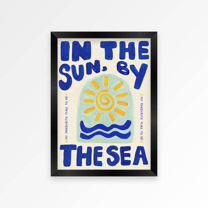 Framed artwork with a sun and wave design and text on a white background