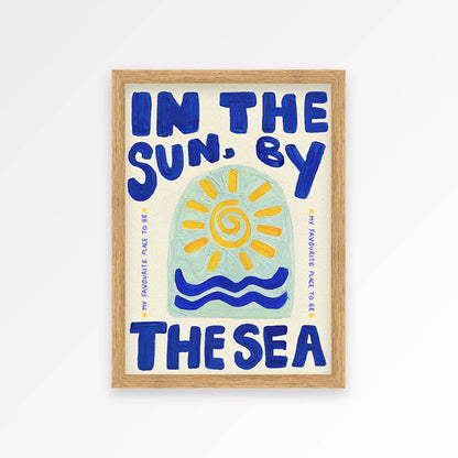 Framed artwork with a sun and wave design and text on a white background