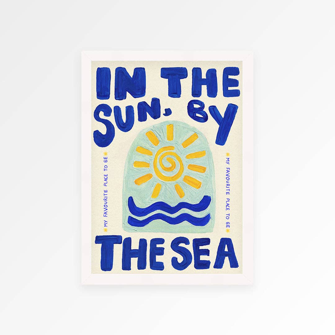 Poster with text 'In the Sun, By the Sea' and a sun and wave design on a light background