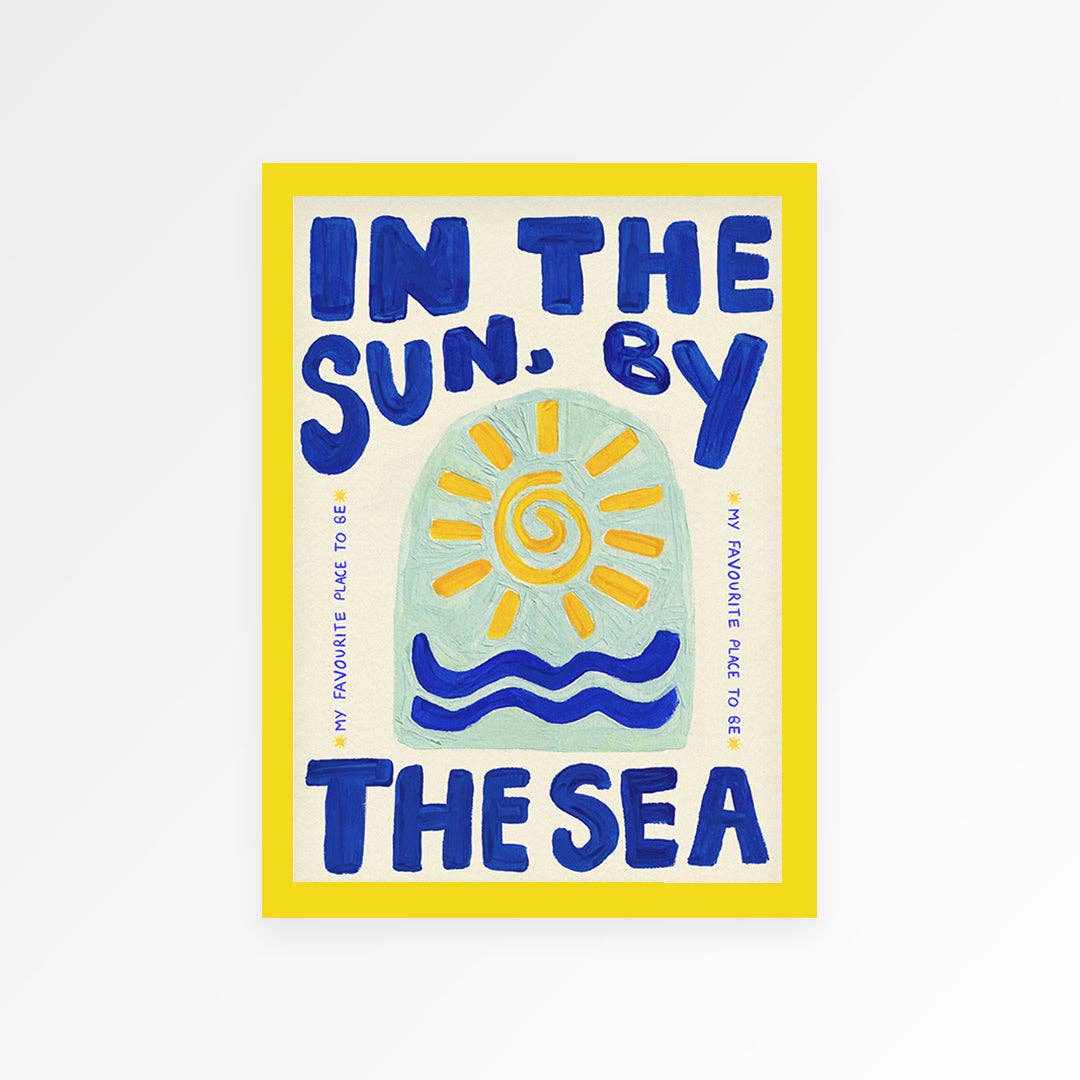 Poster with sun and sea design and text 'In the Sun, By the Sea' on a white background