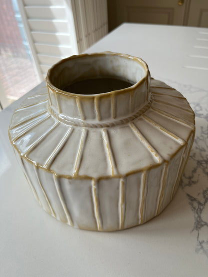 Ivory & Ochre Ridged Ceramic Pot