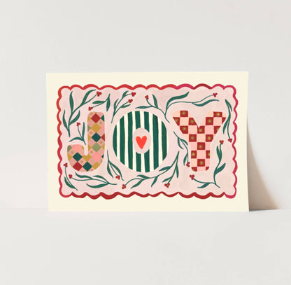 Decorative card with 'JOY' text and geometric patterns on a light gray background