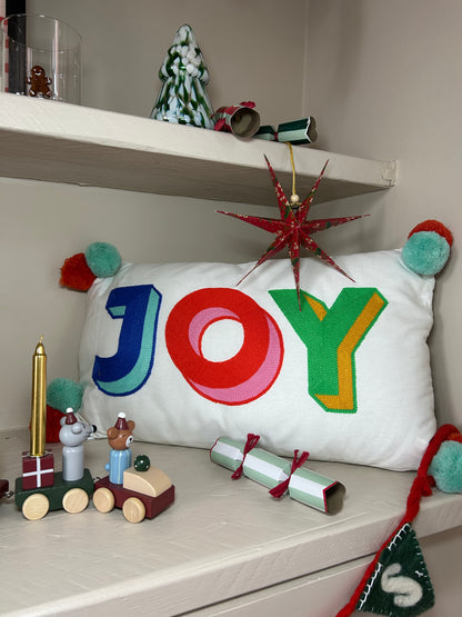 JOY Embroidered Cushion with Pom Poms | Festive Oblong Cushion