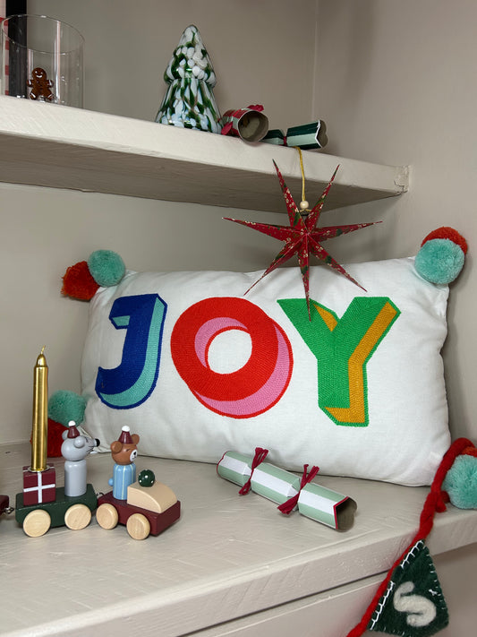 JOY Embroidered Cushion with Pom Poms | Festive Oblong Cushion