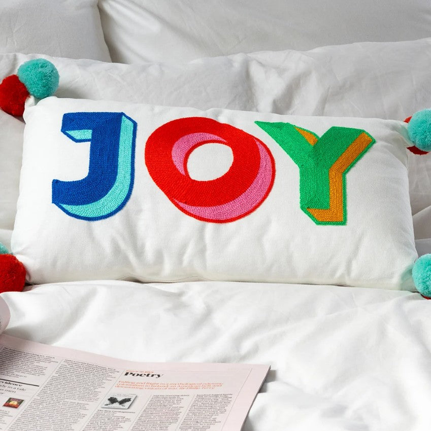 JOY Embroidered Cushion with Pom Poms | Festive Oblong Cushion