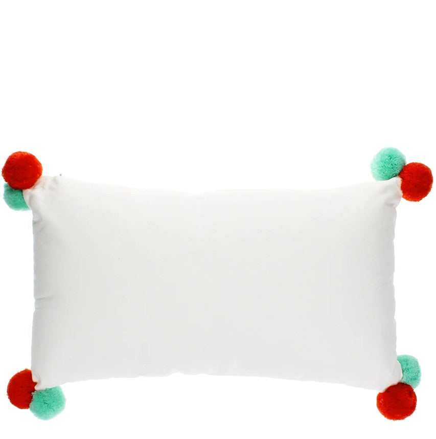 JOY Embroidered Cushion with Pom Poms | Festive Oblong Cushion