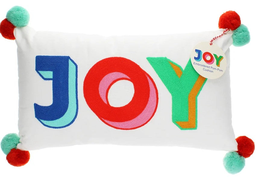 JOY Embroidered Cushion with Pom Poms | Festive Oblong Cushion