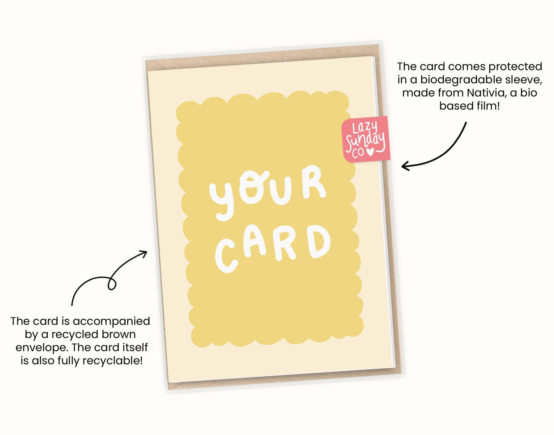 Card with 'Your Card' text on a white background, accompanied by a recycled brown envelope.