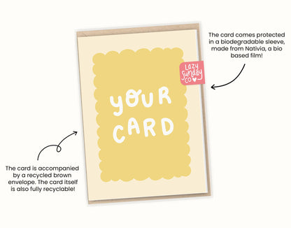 Card with 'Your Card' text on a white background, accompanied by a recycled brown envelope.