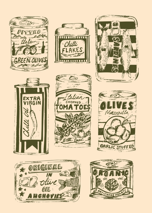 Hand-Drawn Kitchen Tins A4 Print | Olive & Cream Food Illustration