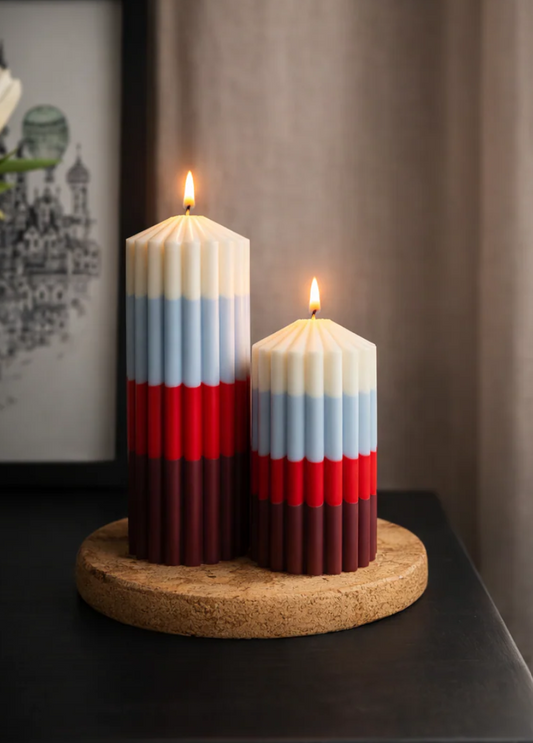 BERTIE Colourblock Pillar Candle | Hand Poured | White, Blue, Red, Dark Red | Statement Candle