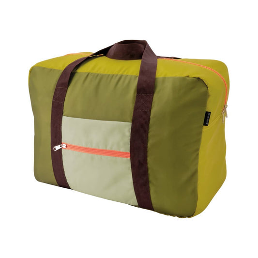 Green and beige travel bag with brown straps on a white background