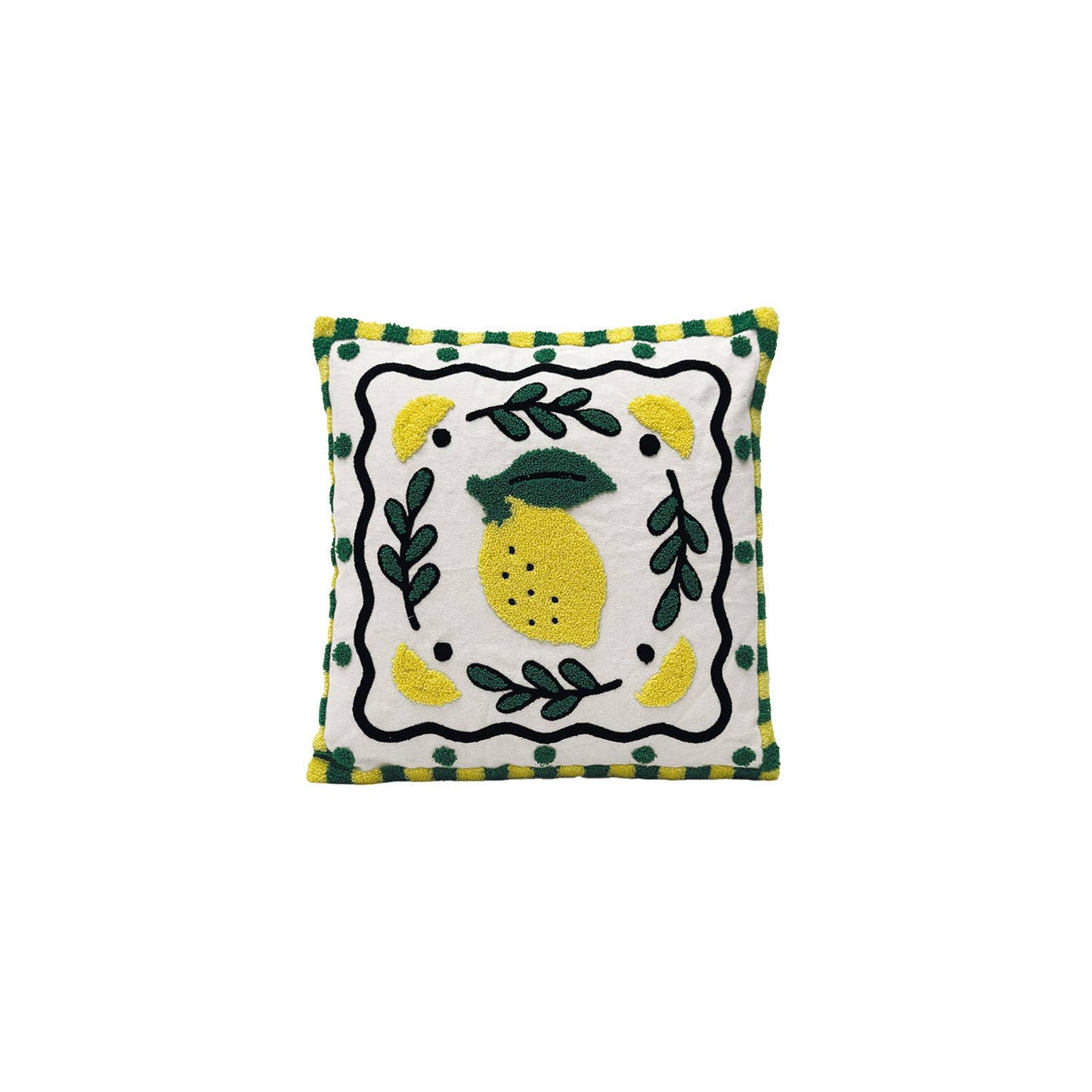 Decorative pillow with lemon design on a white background