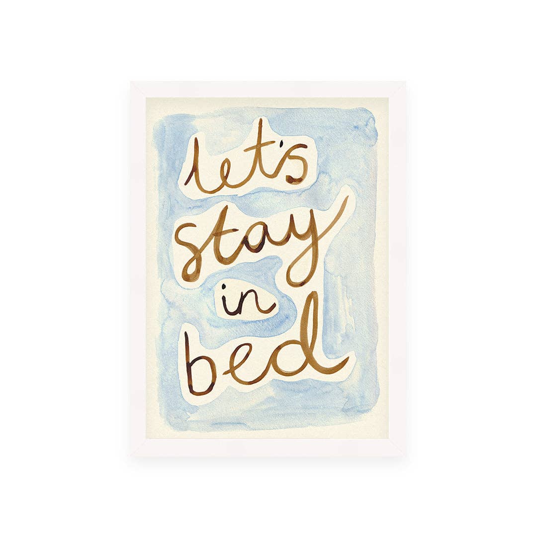 Poster with 'Let's stay in bed' text on a watercolor background
