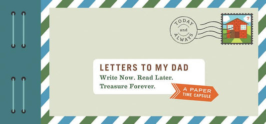 Book cover titled 'Letters to My Dad' with a postage stamp design on a striped background