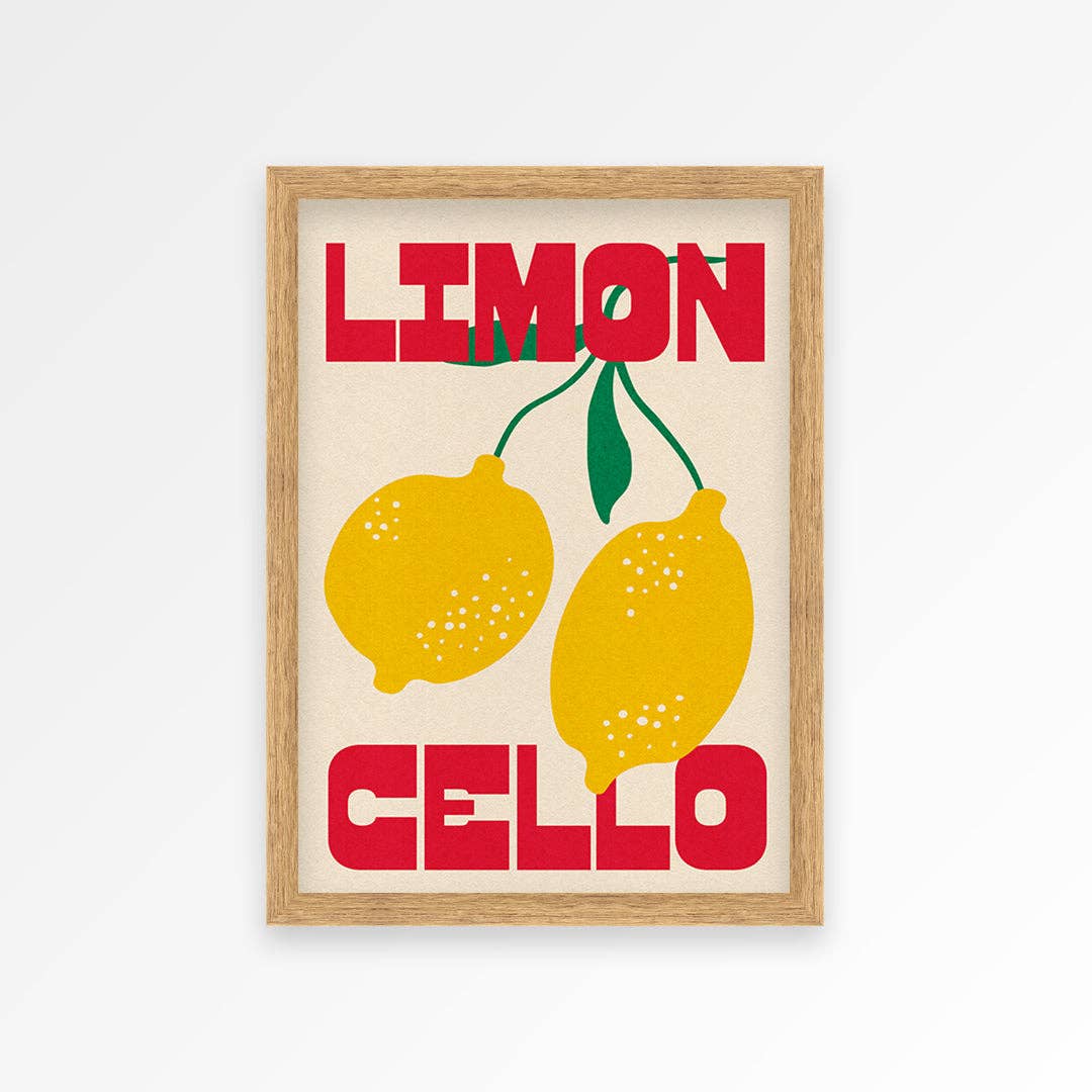 Framed artwork with lemons and text 'LIMON CELLO' on a white background