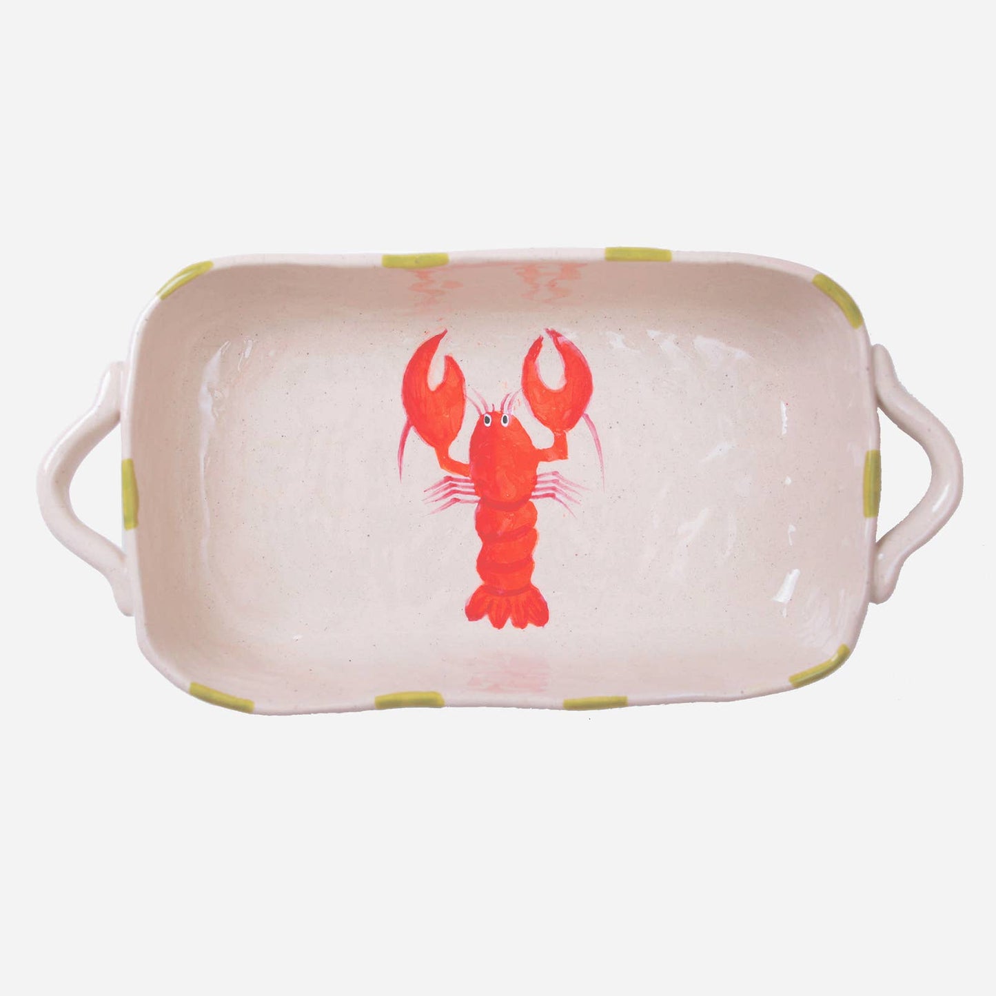 Rectangular ceramic dish with a red lobster design on a light pink background