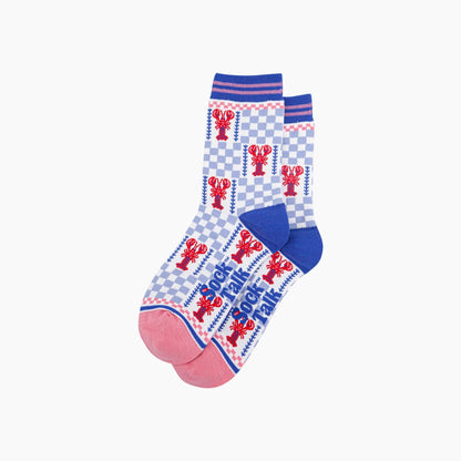Socks with lobster design and checkered pattern on a white background