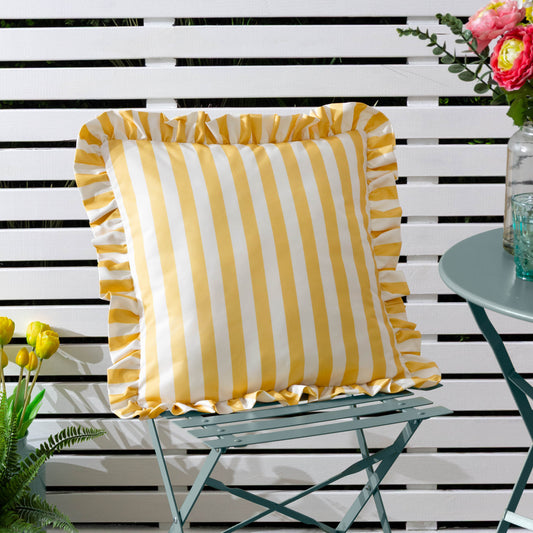Lottie Outdoor Ruffle Cushion 45x45cm | Yellow & White Stripe with frill