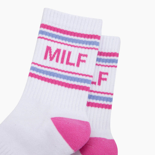 White sock with pink and blue stripes and 'MILF' text on a white background