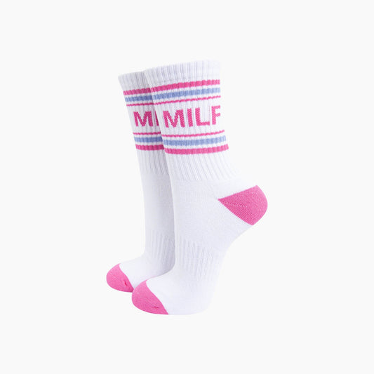 White socks with pink and purple accents on a white background