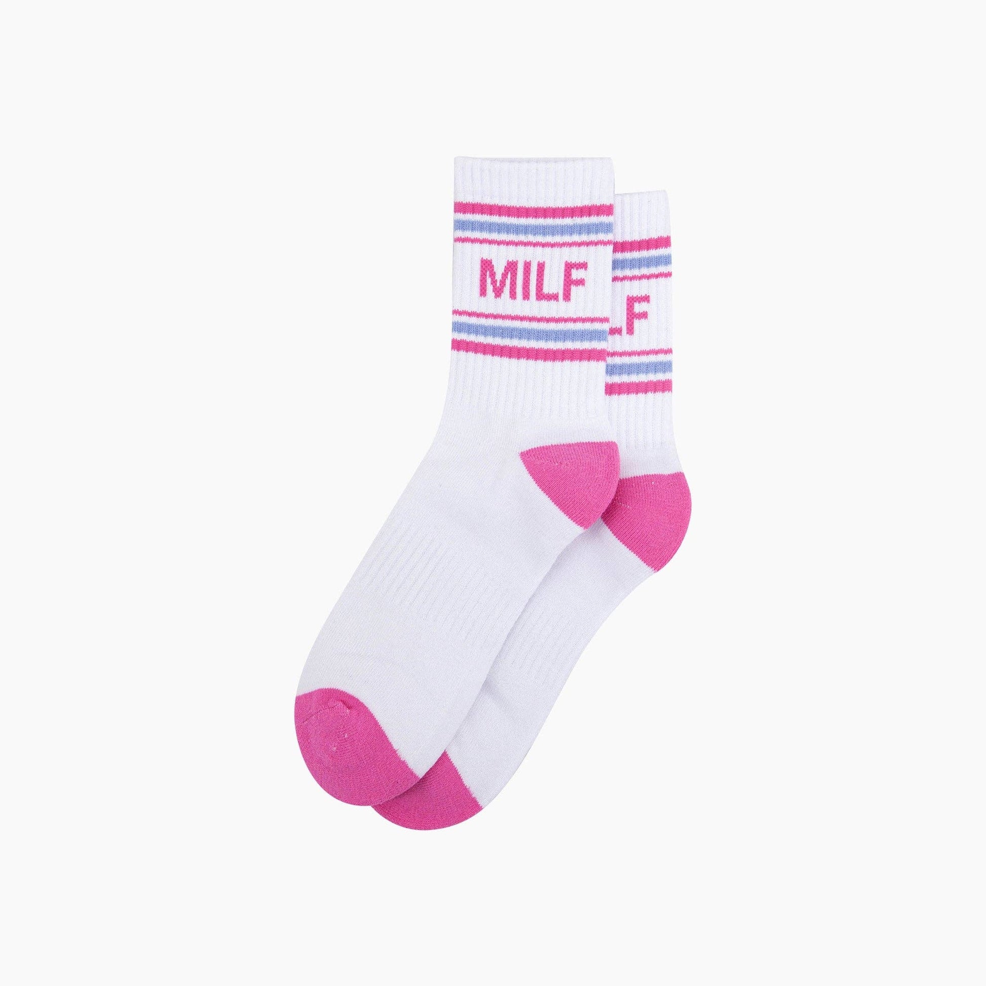 White sock with pink accents and text on a white background
