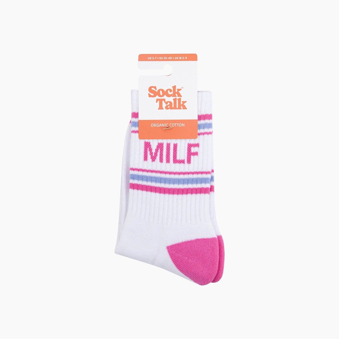 White sock with pink accents and 'Sock Talk' branding on a white background