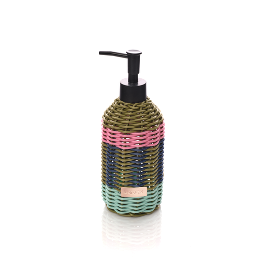 A woven bottle with a black pump dispenser, featuring horizontal stripes of olive green, pink, navy blue, and mint green, with a small gold label on a white background.