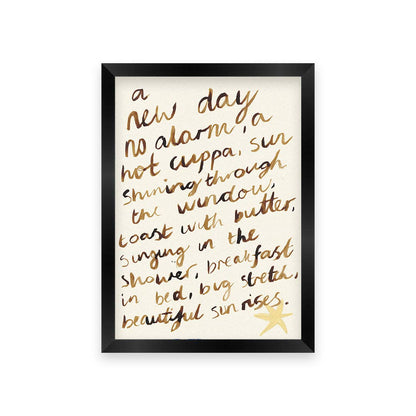 Framed print with handwritten text and a star on a white background