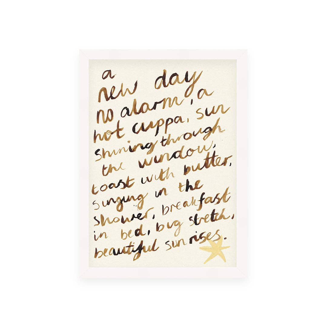 Textual artwork with gold handwriting on a white background